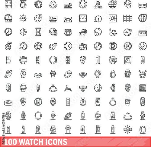 100 watch icons set. Outline illustration of 100 watch icons vector set isolated on white background