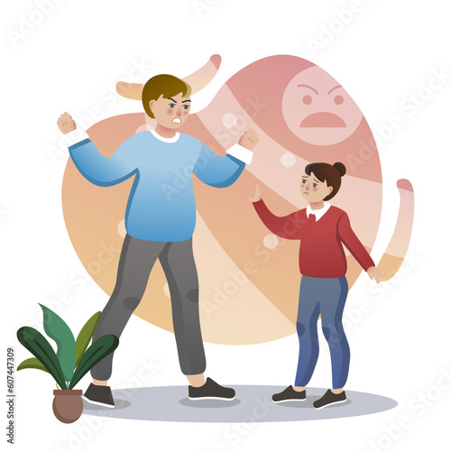 Aggressive illustration. Girl, boy, flower. Editable vector graphic design.
