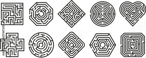 Different shapes labyrinths. Square, circle and heart shape mazes illustration. Game with one entrance and target.