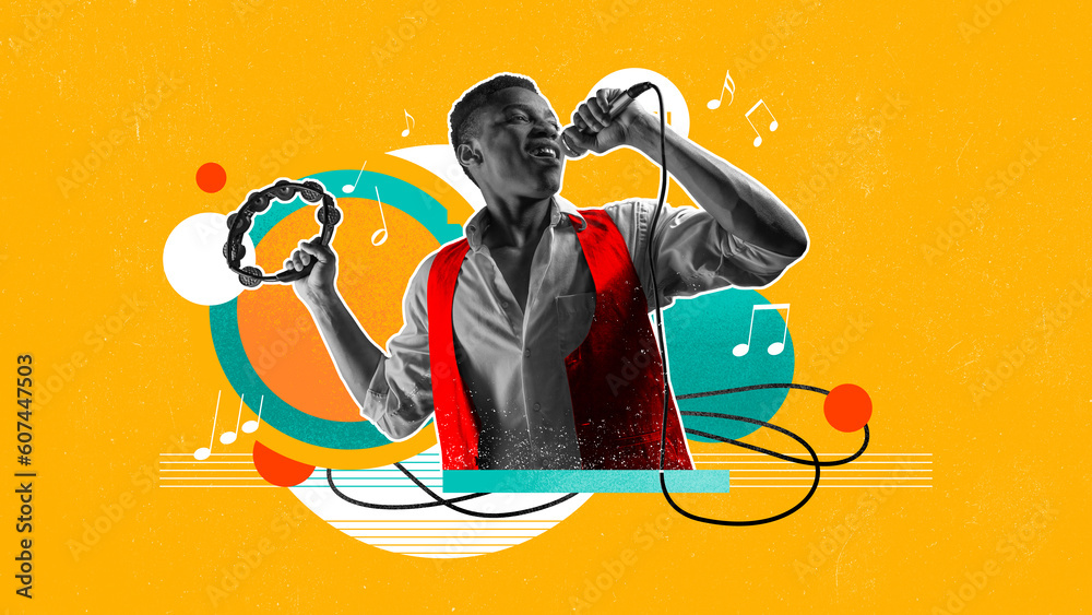 Talented african man singing in microphone, playing tambourine against  vivid yellow background. Contemporary art collage. Concept of music,  lifestyle, art of sound, performance. Creative bright design Stock Photo