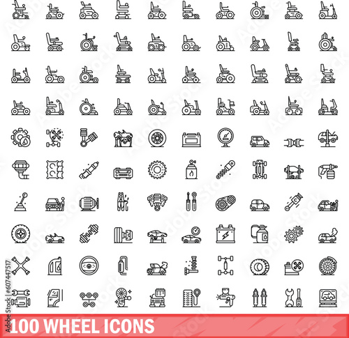 100 wheel icons set. Outline illustration of 100 wheel icons vector set isolated on white background