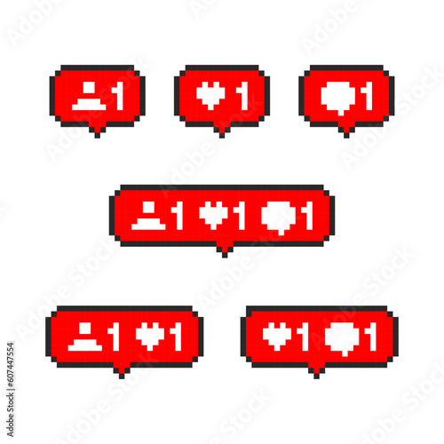 Pixel social media interface like, comment, follower. Pixel Art 8-bit social networking notification buttons shape.
