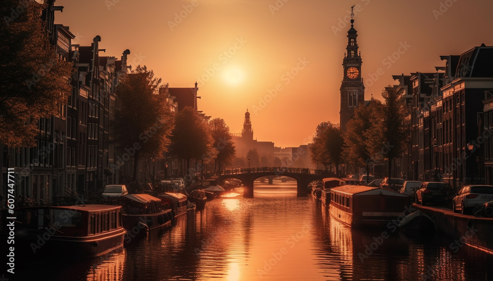 Sunset illuminates famous bridge, reflecting on canal generated by AI