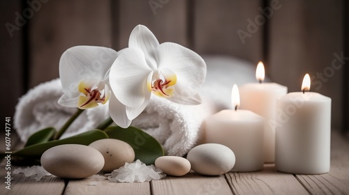 White towels  orchids in the spa room. Generative AI