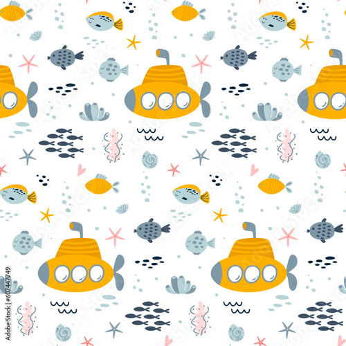 Submarine ship seamless pattern. Cute sea vector print for children. Underwater life repeat background. Ocean baby texture for fabric, textile, wallpaper, kids bedroom design. Boat illustration.