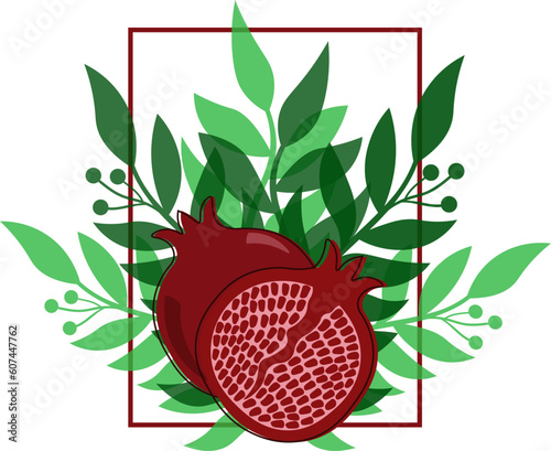 Illustration with pomegranate, branches and leaves. Vector image in doodle style