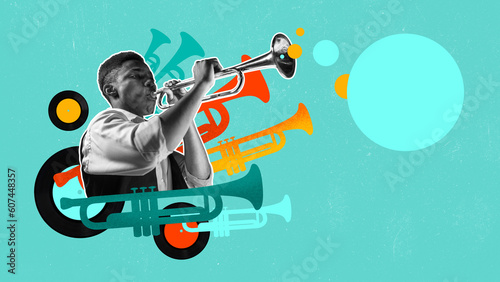 Photography Talented african man playing trumpet against vivid background