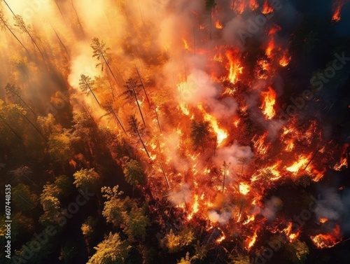 big raging forest fire with very high flames and lot's of smoke, dramatic light, generative ai