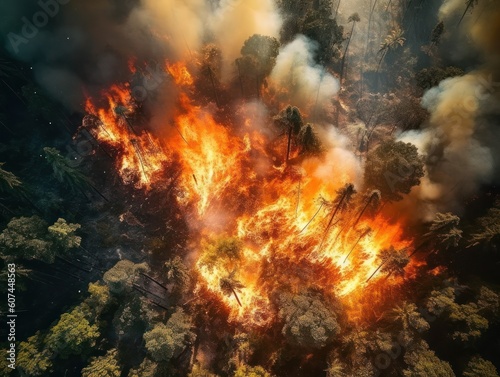 big raging forest fire with very high flames and lot s of smoke  dramatic light  generative ai