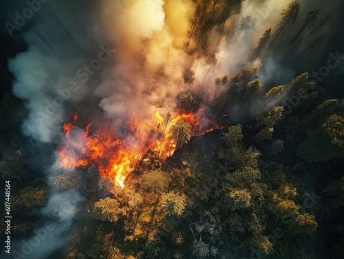 big raging forest fire with very high flames and lot s of smoke  dramatic light  generative ai
