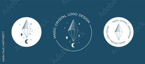 Crystal gem and moon outline logo illustrations. Magic crystal concept. Modern vector illustration. Transparent line art gem with stars. Minimalistic sticker design for web.