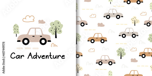 Set of seamless pattern with cute car background. With trees and cloud. Vector illustration for textile, fabric, wallpaper, wrapping, card © LindaAyu