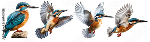 Set of flying ald sitting kingfisher bird on the transparent background PNG. AI generative photo