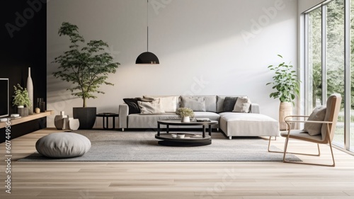 Living room decor, home interior design . Modern Minimal style with Fireplace decorated with Wood and Metal material . Generative AI AIG26. photo