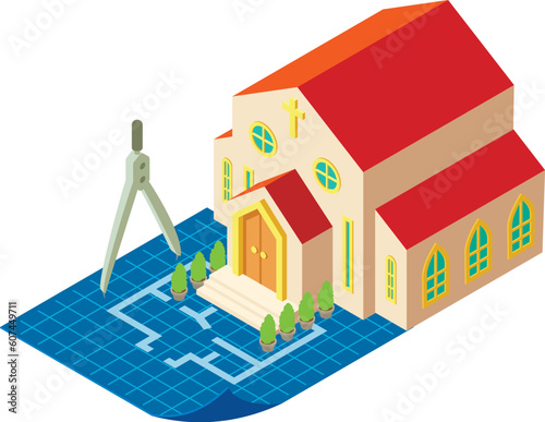 Church project icon isometric vector. Church building model stands on drawing. Architectural project, designing, planing