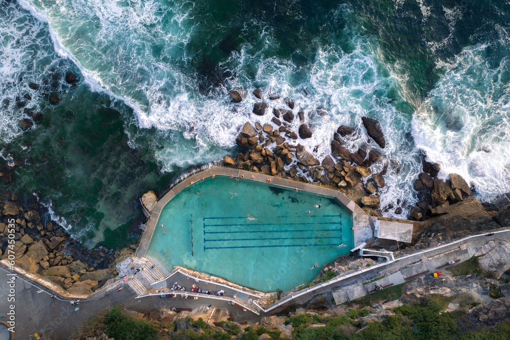 Fototapeta premium Aerial drone view of Bronte Ocean Pool in Sydney, New South Wales Australia