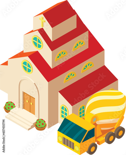 Church reconstruction icon isometric vector. Concrete mixer truck near church. Renovation, repair