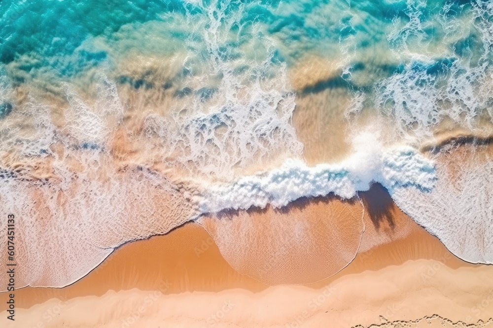 Fototapeta A photo of a beach with a blue ocean aerial view of a beach with blue water and waves Generative AI
