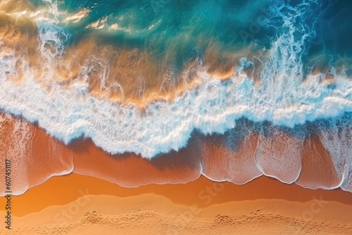 An aerial view of a beach with turquoise water and waves Generative AI