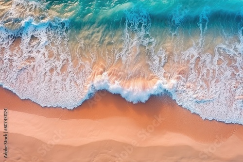 An aerial view of a beach with turquoise water and waves Generative AI