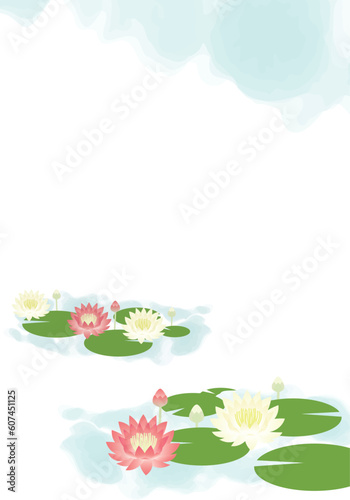 睡蓮の咲いている風景の背景イラスト