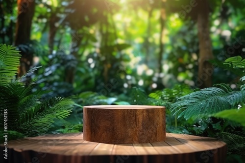 A wooden stump in the middle of a forest with a green background Generative AI