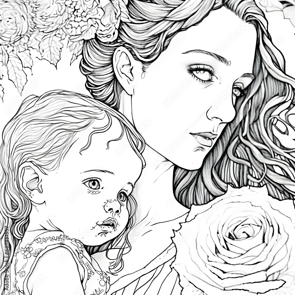 sketch, adult coloring page, intricate detail, mom and baby daughter, close up portrait, no ...