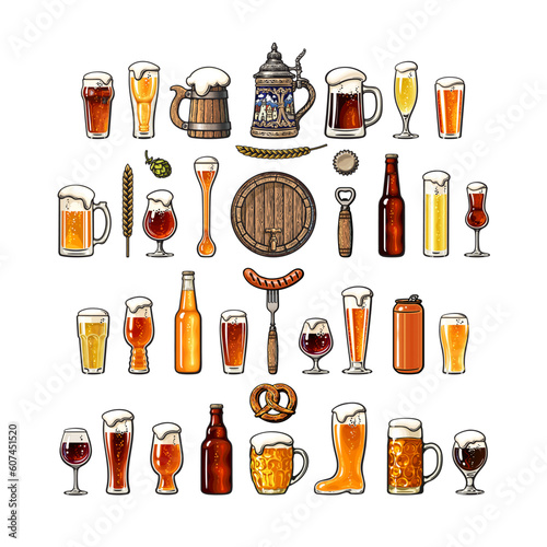 Set of beer objects. Various types of beer glasses and mugs. Vector illustration.