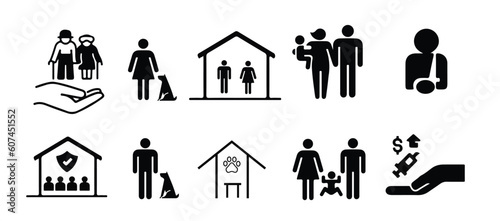 Social policy, welfare and society politics vector thin line icon collection on white background