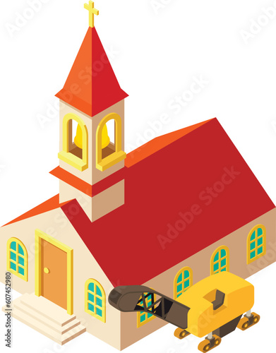 Pavement repair icon isometric vector. Asphalt milling near church building icon. Pavement milling, cold planing