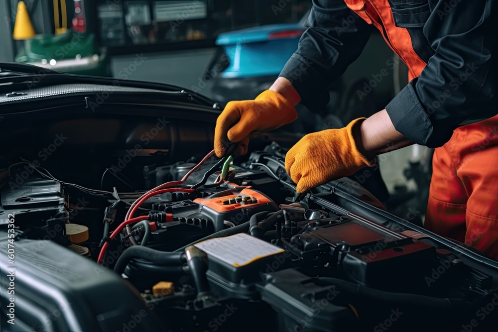 Technician Hands of car mechanic working repair in auto repair Service electric battery and Maintenance of car battery. Check the electrical system inside the car - Generative AI Technician Hands of car mechanic working repair in auto repair Service electric battery and Maintenance of car battery. Check the electrical system inside the car - Generative AI