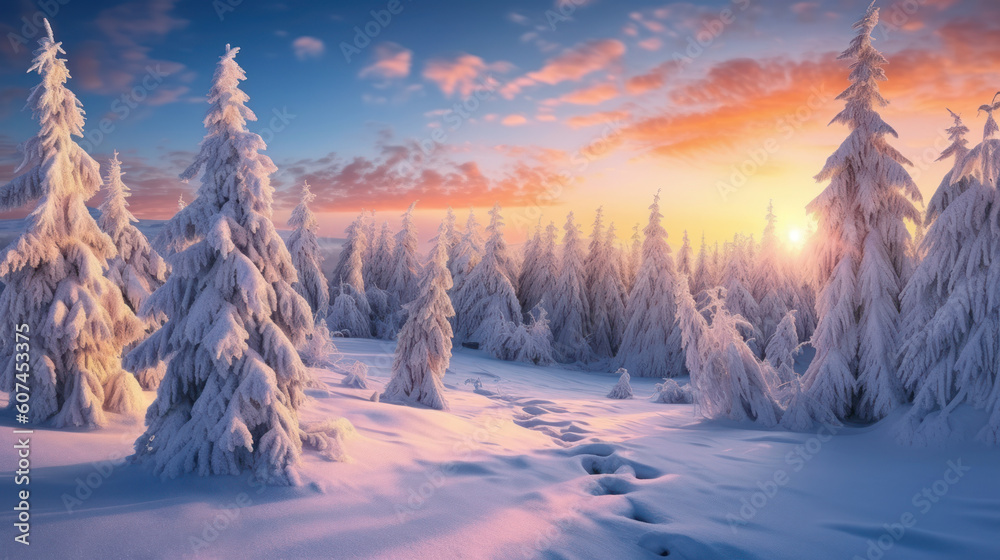 Snow mountain and sunset sky background. Season and environment concept. Generative ai.