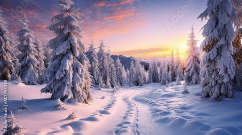 Snow mountain and sunset sky background. Season and environment concept. Generative ai.