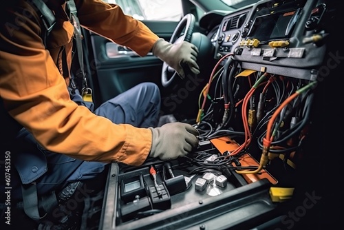 Technician Hands of car mechanic working repair in auto repair Service electric battery and Maintenance of car battery. Check the electrical system inside the car - Generative AI