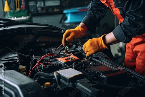 Technician Hands of car mechanic working repair in auto repair Service electric battery and Maintenance of car battery. Check the electrical system inside the car - Generative AI