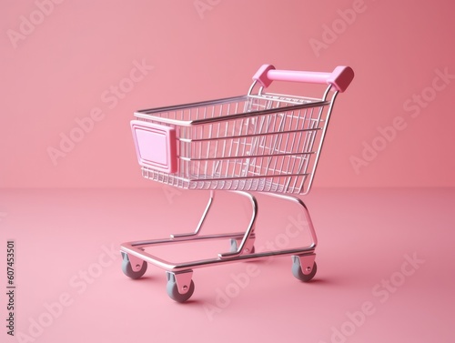 Women's shopping: an empty miniature purple shopping cart from a supermarket, a miniature grocery cart on a colored background.Generative AI 
