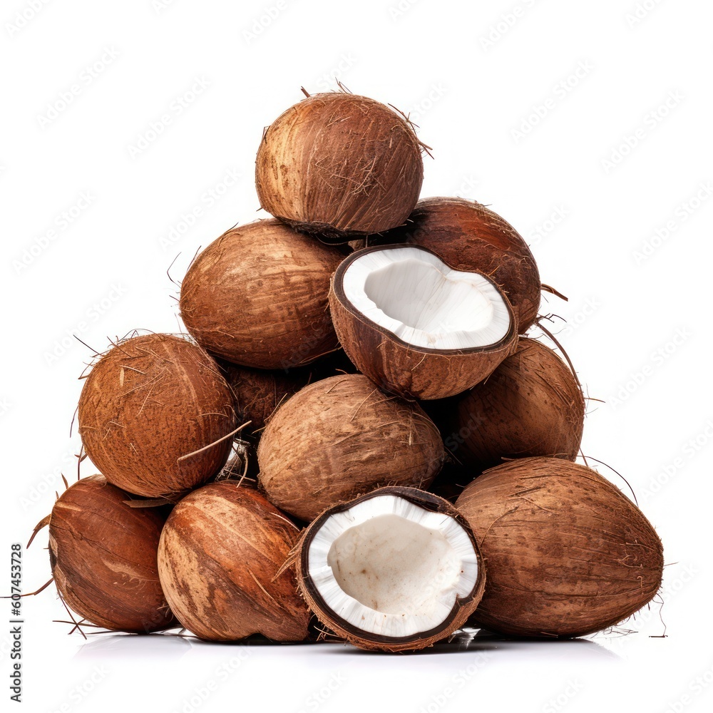 Coconut fruit pile isolated on white background, Generative AI Coconut fruit pile isolated on white background, Generative AI