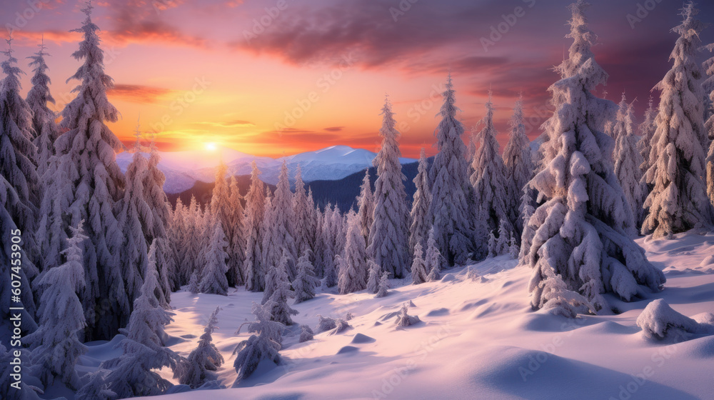 Snow mountain and sunset sky background. Season and environment concept. Generative ai.