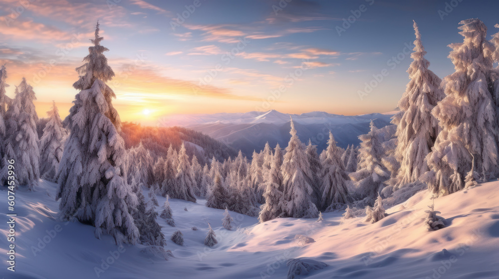 Snow mountain and sunset sky background. Season and environment concept. Generative ai.