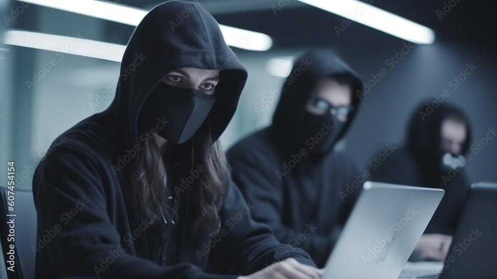 Hackers with hoodies with dark face mask. Hacker group team in front laptop in modern office, Generative AI Hackers with hoodies with dark face mask. Hacker group team in front laptop in modern office, Generative AI