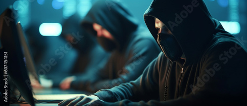 Hackers with hoodies with dark face mask. Hacker group team in front laptop in modern office, Generative AI