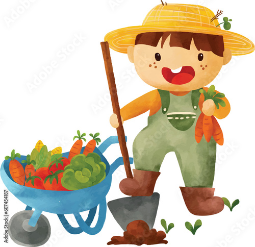 A farmer boy with a wheelbarrow full of vegetables.