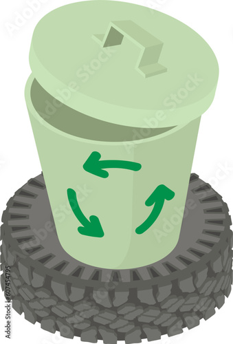 Waste recycling icon isometric vector. Trash can with recycling sign on car tire. Reuse, environment protection