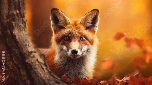 Porträt eines Fuchses im herbstlichen Wald mit schön gefärbtem Herbstlaub, Generative AI
