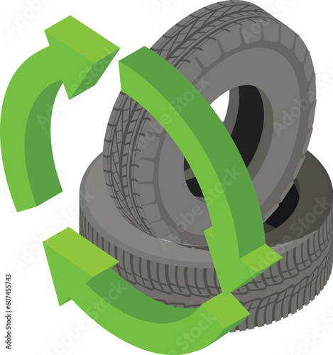 Recycling concept icon isometric vector. Old worn car tire and recycling sign. Environmental protection, reuse