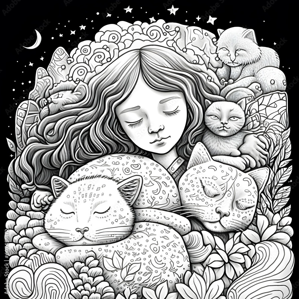 sleeping psychedelic cats with a little girl, night, adult coloring ...