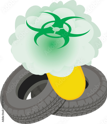 Biological pollution icon isometric vector. Old worn car tire and biohazard sign. Biohazard, environmental pollution