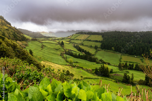 Vegetation and fields on hills, panorama with mountain gradient on the horizon, São Miguel - Azores Portugal.