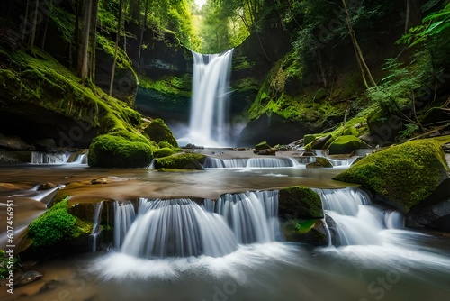 A cascading waterfall surrounded by lush greenery  with the sound of rushing water adding to the tranquil ambiance