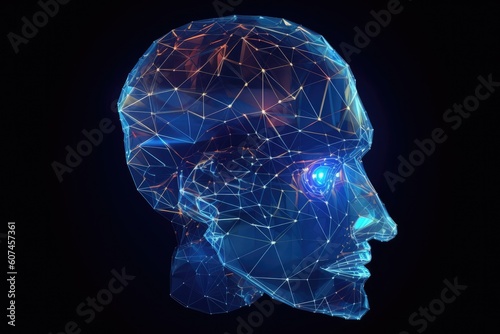 Low poly brain or Artificial intelligence concept. Symbol of Wisdom point. Abstract vector image of a human Brine. Low Polygonal wireframe blue illustration on dark background - Generative AI